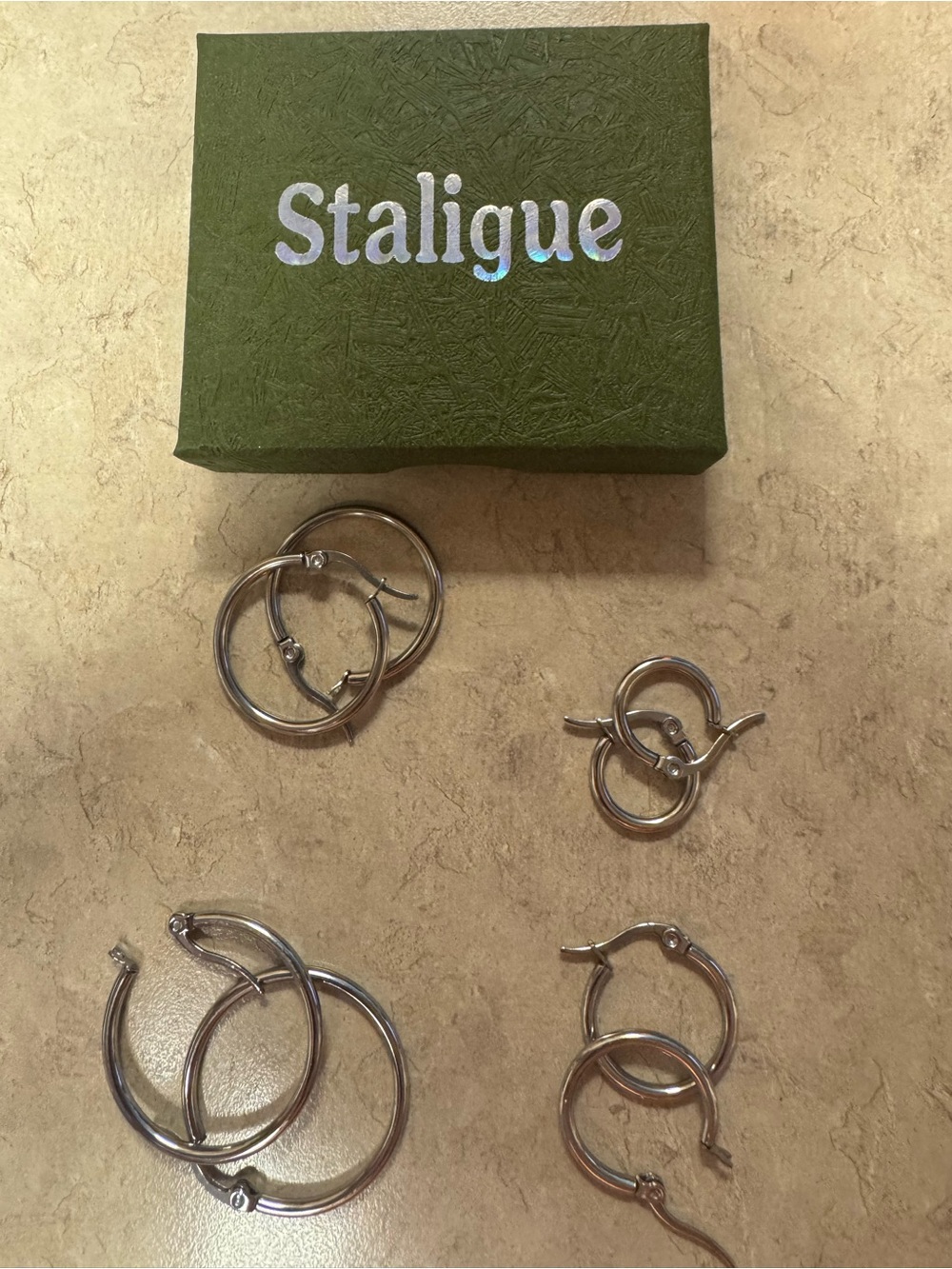 New in Box: Staligue 4-Pair Titanium Hoop Earring Set - Hypoallergenic - 4 Sizes